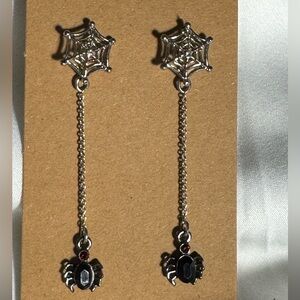 Avon Silver Plated Spiderweb with Dangle Spider Earrings Rhinestones Halloween